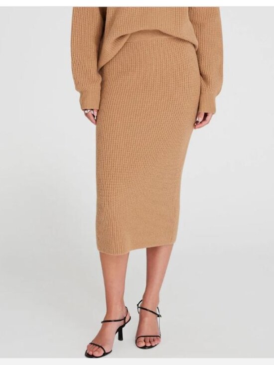 CLUB MONACO Cashmere Ribbed Midi Skirt, camel, sz L - Picture 3 of 8